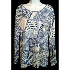 CHICO'S X-Large/3 White w/ Blue & Pink Multi Patch Print Knit Top w/ Blue Liner